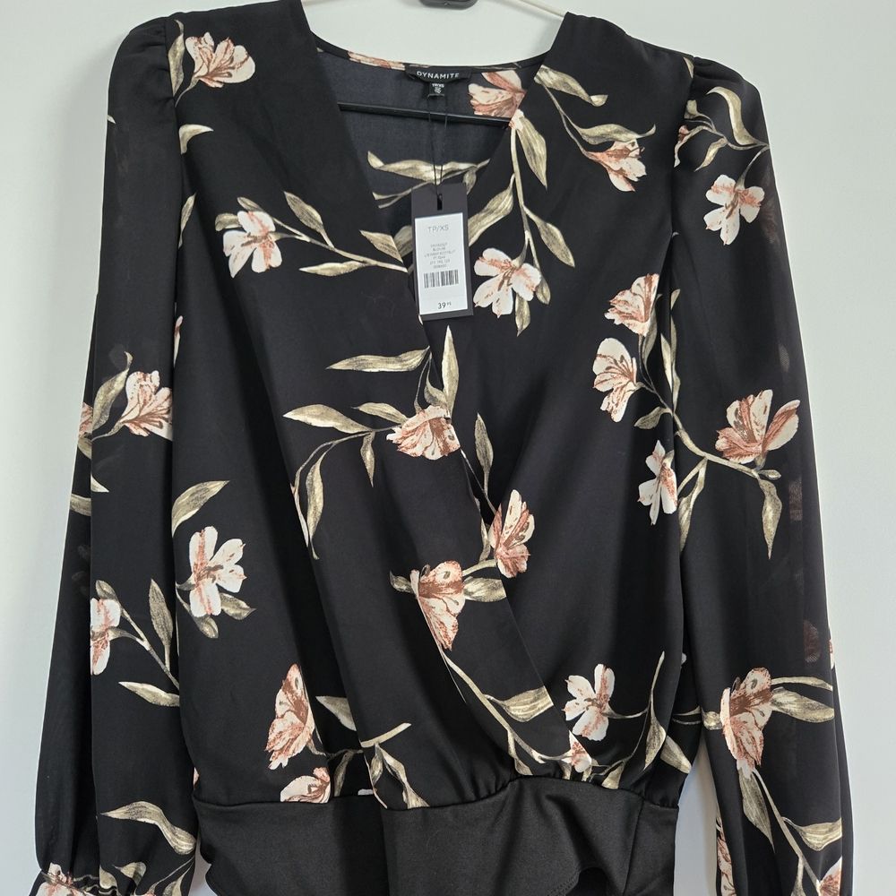 Dynamite Black Top with Floral Design